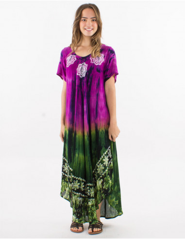 Robe crêpe de viscose brodée manches courtes Tie and dye Umbrella