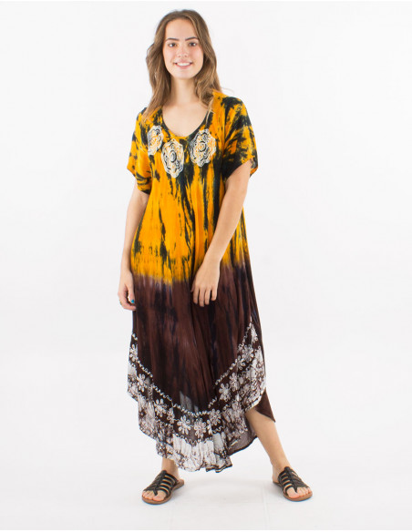 Robe crêpe de viscose brodée manches courtes Tie and dye Umbrella