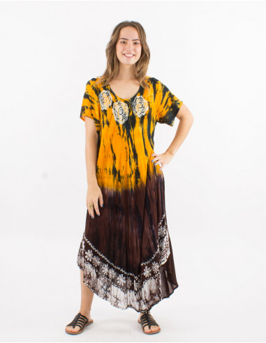 Robe crêpe de viscose brodée manches courtes Tie and dye Umbrella