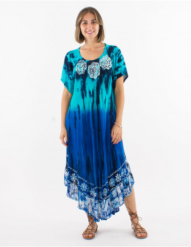 Viscose crepe embroidered td umbrella dress with short sleeves