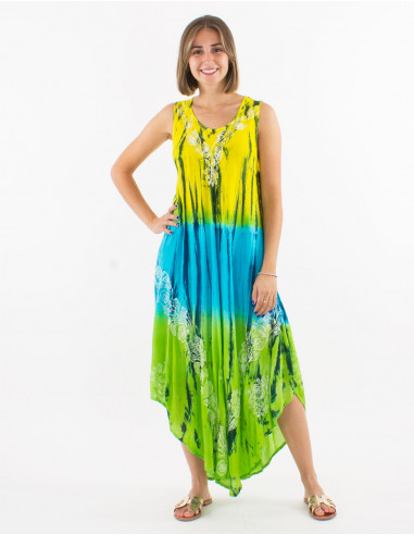 Viscose crepe embroidered td umbrella sleeveless dress