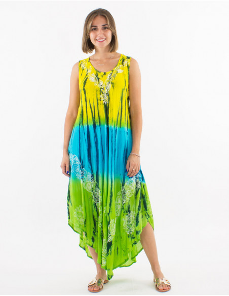Viscose crepe embroidered td umbrella sleeveless dress