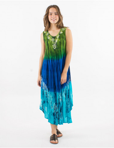 Viscose crepe embroidered td umbrella sleeveless dress