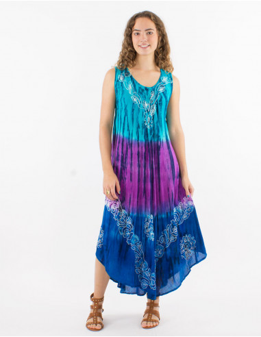 Robe crêpe de viscose brodée sans manches Tie and dye Umbrella