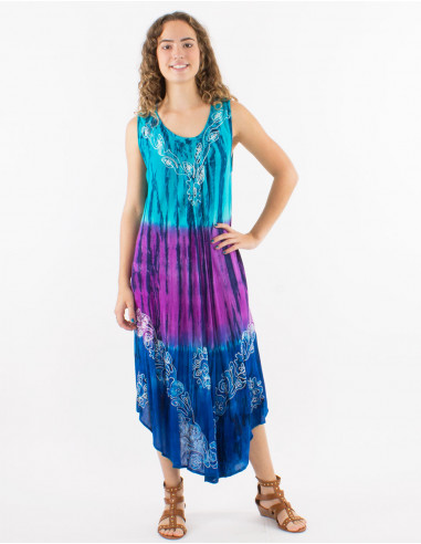 Viscose crepe embroidered td umbrella sleeveless dress