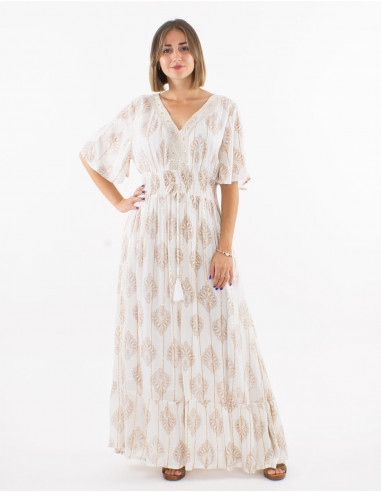 Long 95% viscose crepe 5% metallised yarn v-neck dress with cotton lining and short sleeves