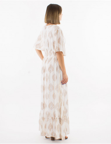 Long 95% viscose crepe 5% metallised yarn v-neck dress with cotton lining and short sleeves