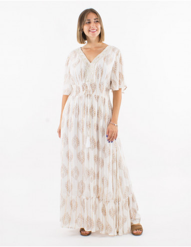 Long 95% viscose crepe 5% metallised yarn v-neck dress with cotton lining and short sleeves