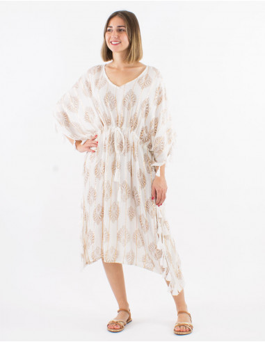 Robe kaftan 95% viscose crêpe 5% fils métal pompons