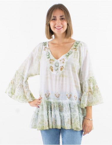 Cotton voile tie and dye tunic with beads and tulip sleeves
