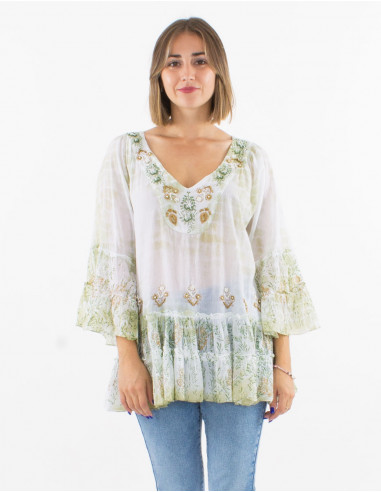 Cotton voile tie and dye tunic with beads and tulip sleeves