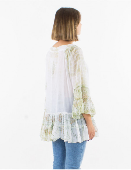 Cotton voile tie and dye tunic with beads and tulip sleeves