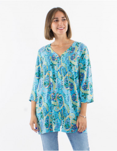 Viscose buttoned tunic with 3/4 sleeves and "istanbul" print