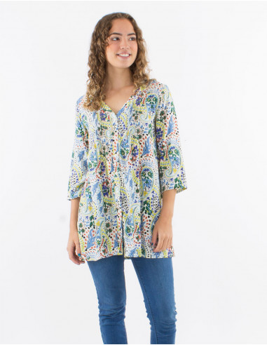 Viscose buttoned tunic with 3/4 sleeves and "istanbul" print