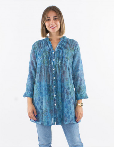 Cotton voile printed tunic with long sleeves