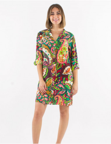 Viscose buttoned tunic with long roll-up sleeves and "antalya" print