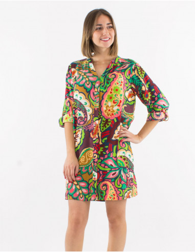 Viscose buttoned tunic with long roll-up sleeves and "antalya" print