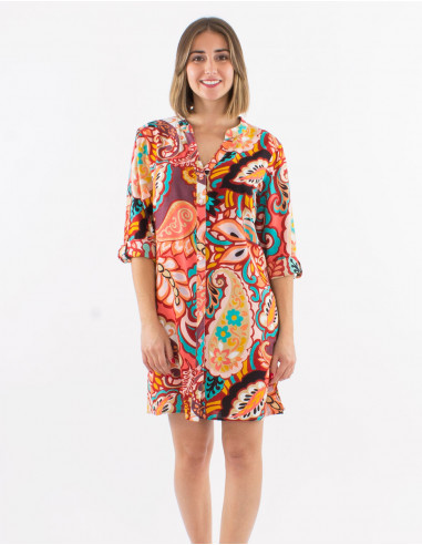 Viscose buttoned tunic with long roll-up sleeves and "antalya" print