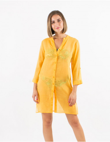Cotton voile plain beach tunic with 3/4 sleeves