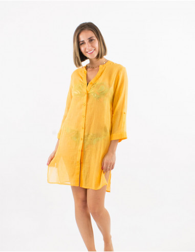 Tunique voile de coton unie plage manches 3/4