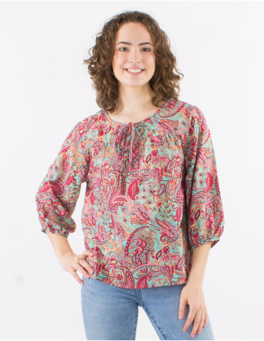 Polyester blouse with 3/4 sleeves and "road dore" print
