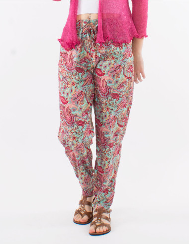 Polyester pants with elastic belt and "road dore" print