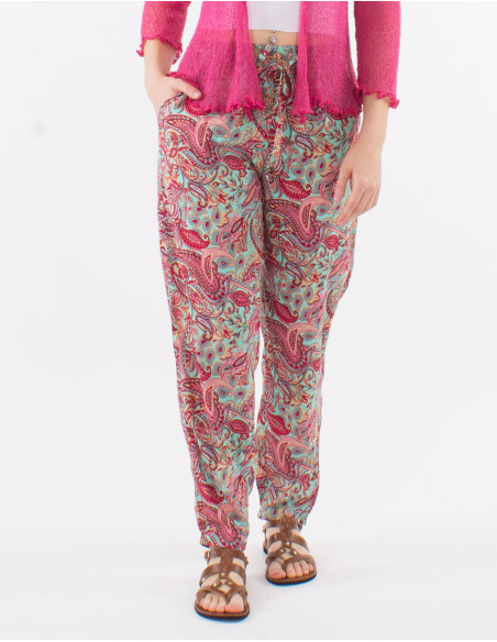 Polyester pants with elastic belt and "road dore" print