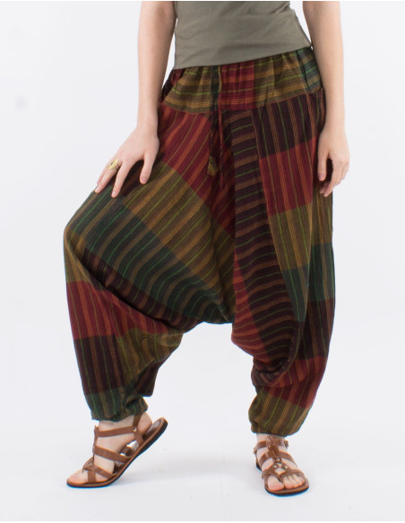 Cotton striped harem pants with pockets on the sides and elastic belt