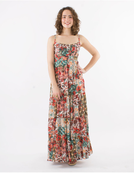 Long boheme print doubled cotton voile dress with ruffles