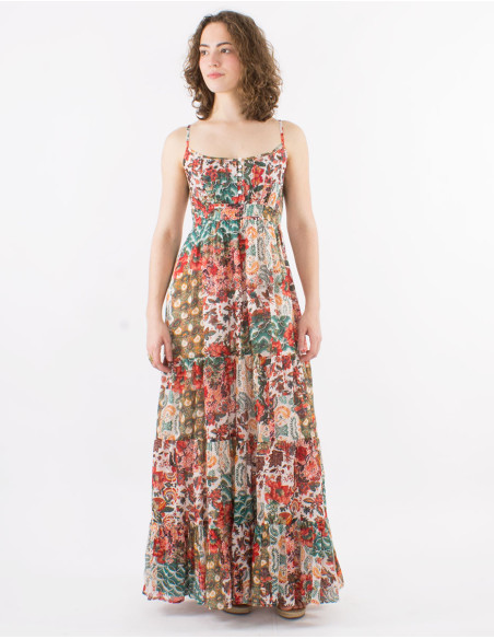 Long boheme print doubled cotton voile dress with ruffles