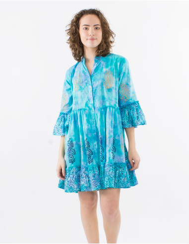 Cotton tie and dye dress with golden patchs and tulip sleeves