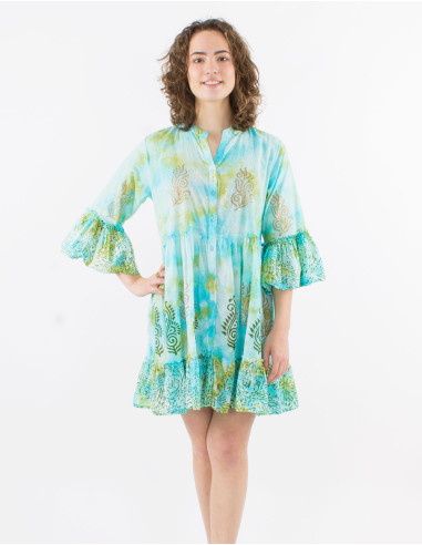 Cotton tie and dye dress with golden patchs and tulip sleeves