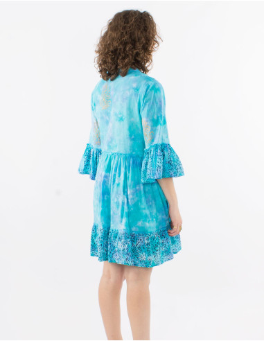 Cotton tie and dye dress with golden patchs and tulip sleeves