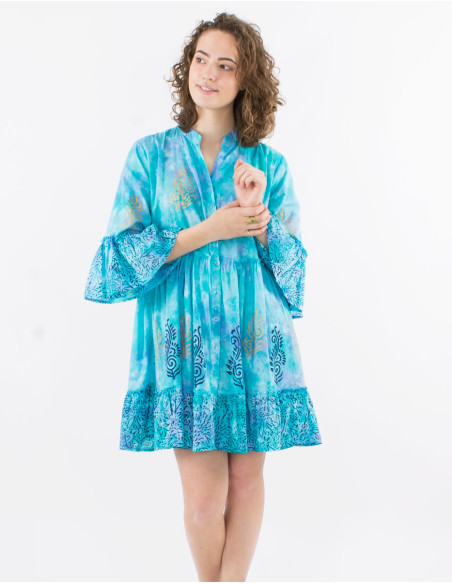 Cotton tie and dye dress with golden patchs and tulip sleeves
