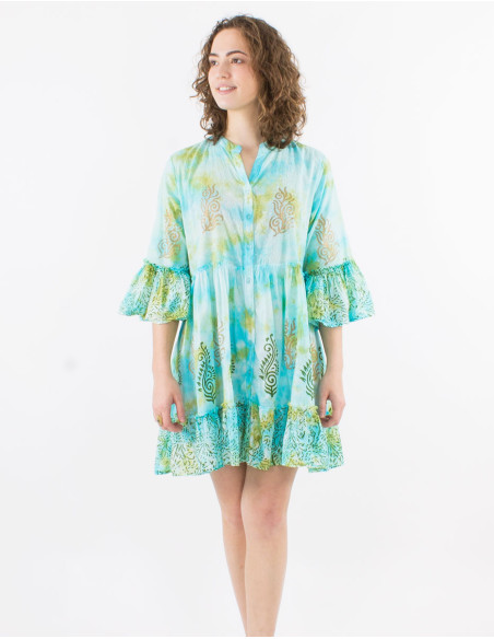 Cotton tie and dye dress with golden patchs and tulip sleeves