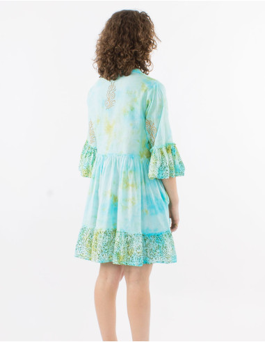Cotton tie and dye dress with golden patchs and tulip sleeves