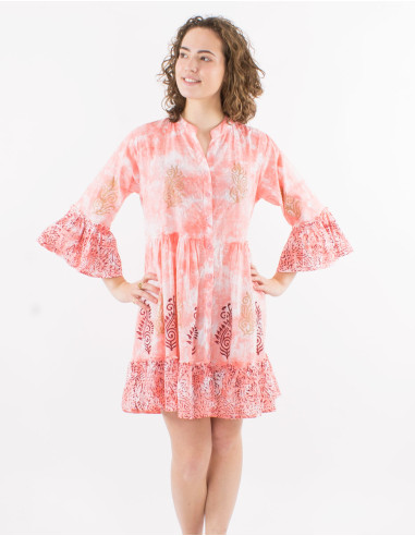 Robe coton tie and dye avec tampons dorés manches tulipes