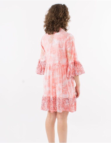 Cotton tie and dye dress with golden patchs and tulip sleeves