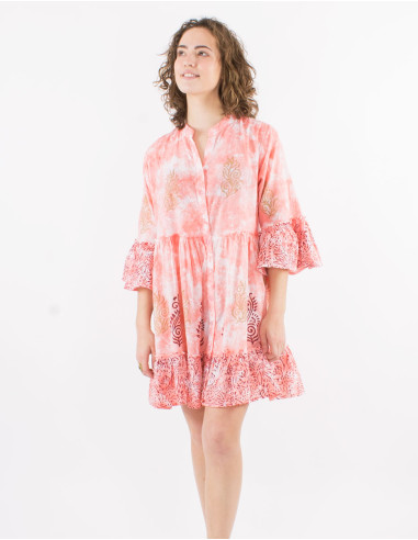 Cotton tie and dye dress with golden patchs and tulip sleeves