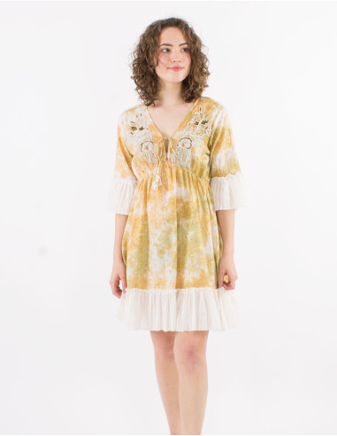 Robe courte coton tye and dye avec perles et fibres métalliques