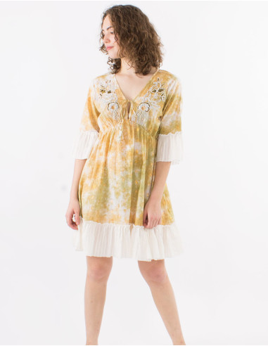 Short cotton tie and dye dress with metallised yarn and beads