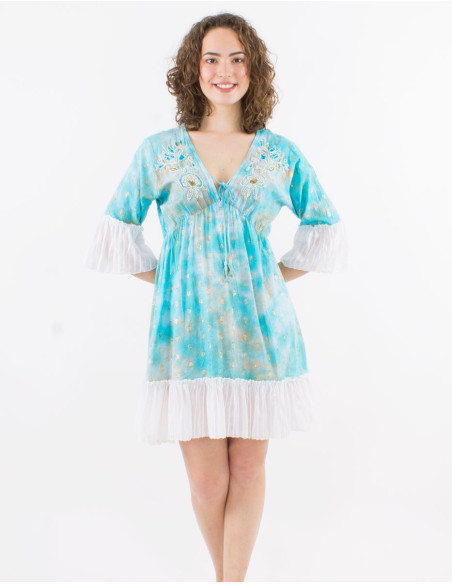 Robe courte coton tye and dye avec perles et fibres métalliques