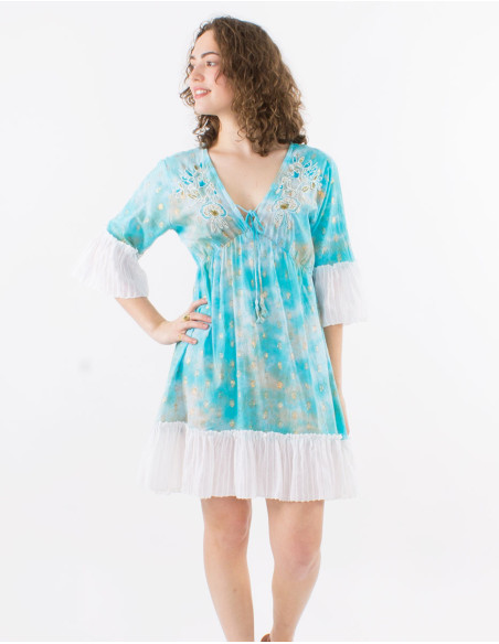 Robe courte coton tye and dye avec perles et fibres métalliques
