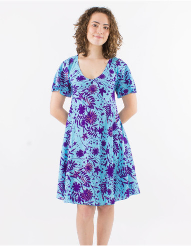 Polyester dress with short sleeves and "aster dore" print