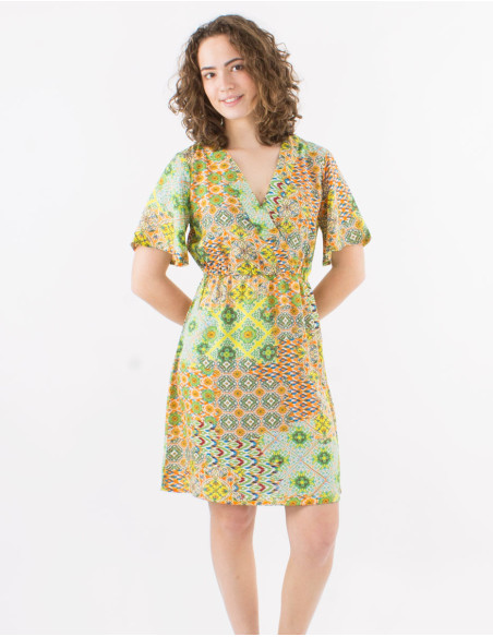 Polyester dress with short sleeves and "mozaique" print