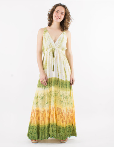 Long viscose tie and dye dress with straps and elastic back