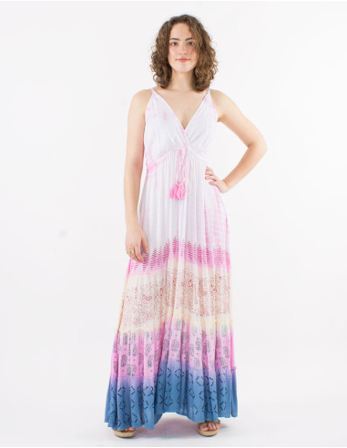 Long viscose tie and dye dress with straps and elastic back