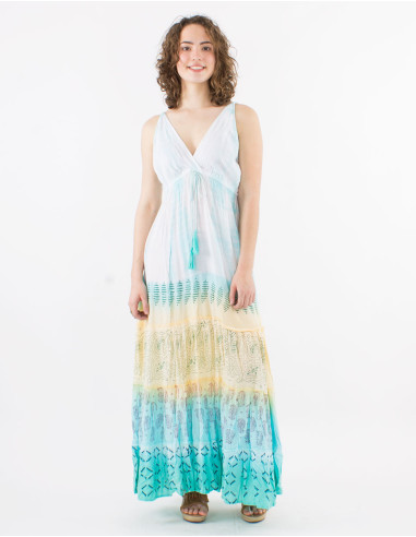 Long viscose tie and dye dress with straps and elastic back