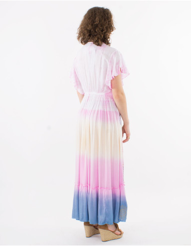 Long viscose tie and dye dress with short sleeves and v-neck