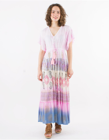 Long viscose tie and dye dress with short sleeves and v-neck